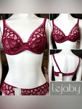 Lejaby Cranberry Embroidered Sheer Mesh & Lace Underwire Bra, Szs 36-38B